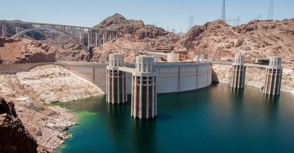 The view from the overlook north of the dam with the new Mike O'Callaghan – Pat Tillman Memorial Bridge or Hoover Dam Bypass.