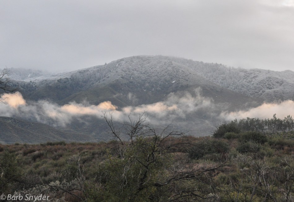 The view of Mt. Palomar from Vail Lake during a snowy winter day in Southern California in 2013.
